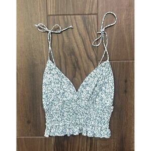 Sim & Sam Women's Floral Crop Top Small Ruched V-Neck Tank Teal Blue White